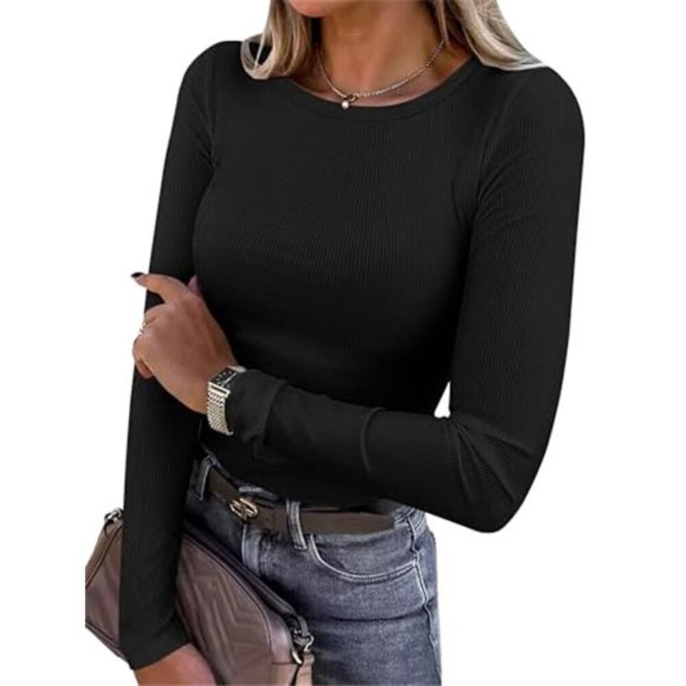 Women's Long Sleeve Shirt Rib Knit Slim Fit Top